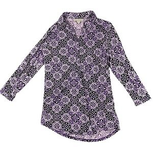 Dana Buchman Women's Purple Black Floral Print Long Sleeve Tunic Top Shirt Sz S